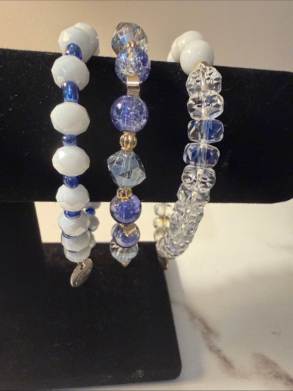 Ermish Stretch Beaded Stackable Bracelet Set - White and Blue and clear beads